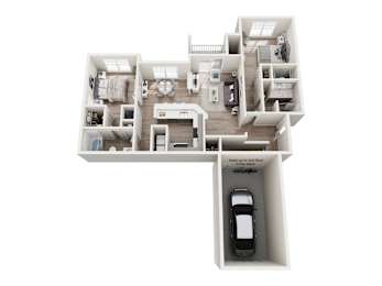 A top down view of a house with a car in the garage.