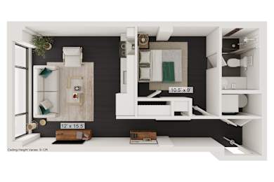 a sq. ft. apartment with black walls and white floors