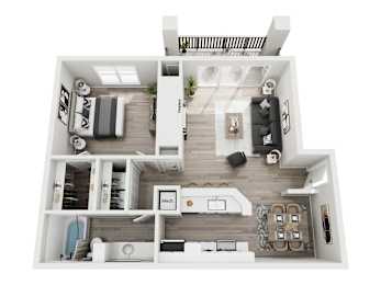 A top-down view of a modern apartment with a kitchen, living room, and bedroom.