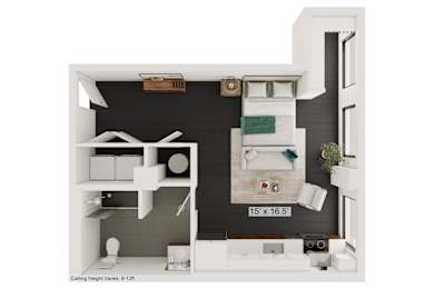 a sq. ft. apartment with black walls and white furniture