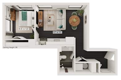 a bedroom with a bed and a chair in a room