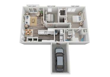 A top down view of a house with a car in the driveway.
