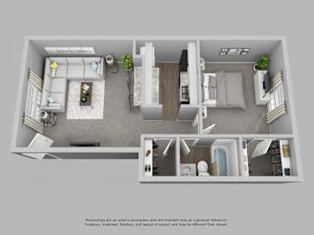 Floor Plan  A 3D rendered image of a modern apartment layout.