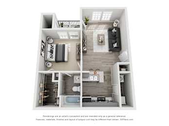 A 3D floor plan of a small apartment with a living room, kitchen, and bathroom.