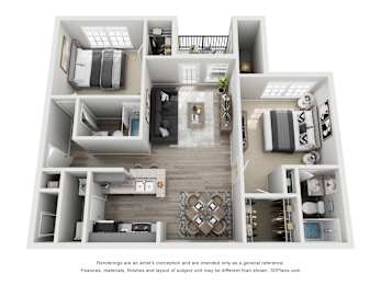 A 3D floor plan of a house with a kitchen, living room, and bathroom.