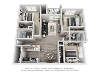 A 3D floor plan of a house with a kitchen, living room, and two bedrooms.