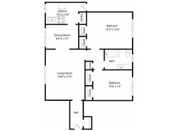 A floor plan of a house with a kitchen, living room, dining room, bathroom, and two bedrooms.