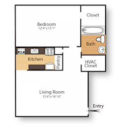 A floor plan of a small apartment with a bedroom, kitchen, and living room.