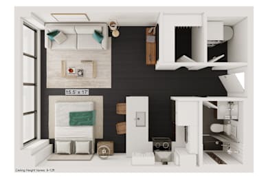 a bedroom with a bed and a chair in a room