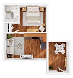 A top-down view of a small apartment with a bed, a desk, and a kitchenette.