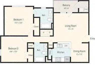 A floor plan of a home with two bedrooms, a living room, a dining room, a kitchen, and a balcony.