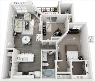 A floor plan of a small apartment with a kitchen, living room, and bathroom.