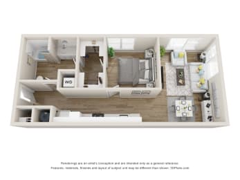 1 Bedroom 1 Bath Floor Plan | 722 Sq. Ft.  at The Falstaff, Raleigh, NC