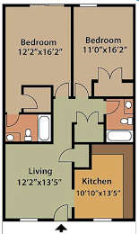 A floor plan of a room with two bedrooms, a living room, and a kitchen.