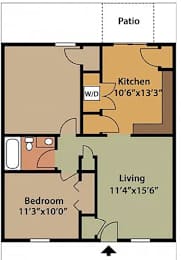 A floor plan of a room with a patio, kitchen, bedroom and living room.