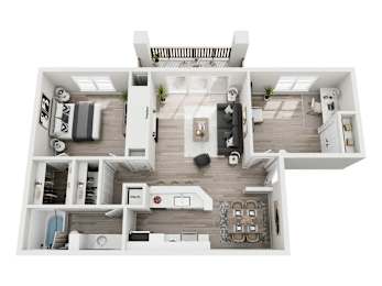 A top-down view of a modern apartment layout with a kitchen, living room, and bedrooms.