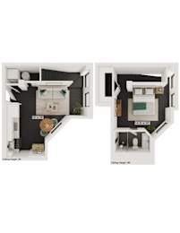 Two images of a small apartment layout, one with 9 ft ceilings and the other with 8 ft ceilings.