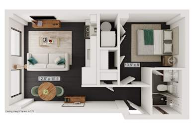 a bedroom with a bed and a chair in a room