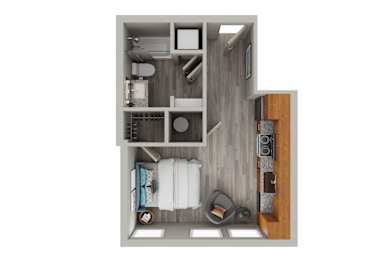 A top down view of a small apartment with a kitchen, living room, and bathroom.