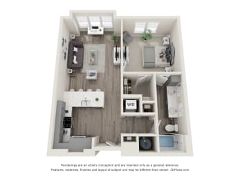 a 3d floor plan of a 555 sq. ft. apartment