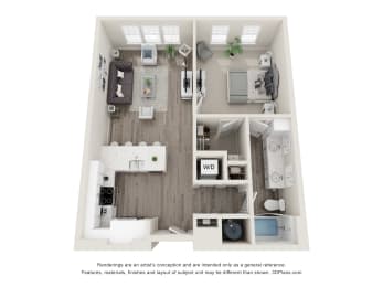 a 3d floor plan of a 1 bedroom apartment