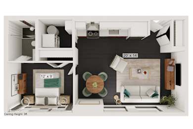 a bedroom with a bed and a chair in a room