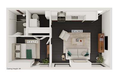 a bedroom with a bed and a chair in a room