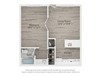 A diagram of a house layout with a living room, bedroom, kitchen, and bathroom.