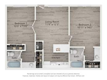 A 3D floor plan of a small apartment with two bedrooms, a living room, a kitchen, and two bathrooms.