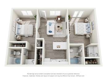 A 3D floor plan of a small apartment with two bedrooms, a living room, and a kitchen.