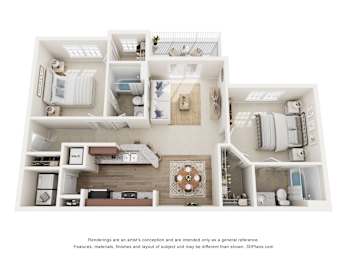 A 3D floor plan of a house with a kitchen, living room, and bathrooms.