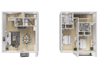 Two images of a dollhouse interior with a kitchen and bathroom.