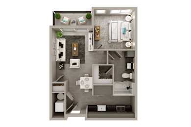 A top-down view of a small apartment with a kitchen, living room, and bathroom.