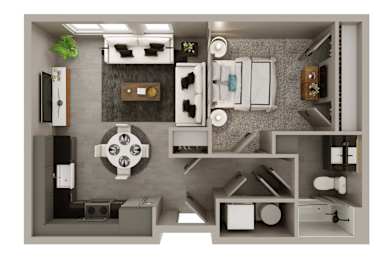 A top-down view of a modern kitchen with grey cabinets and appliances.