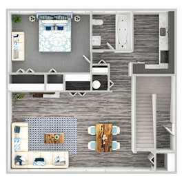 A top-down view of a room with a bed, couch, and dining table.