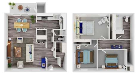 A floor plan of a two-bedroom apartment with a living room, kitchen, and bathroom.