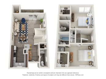 a stylized floor plan of a 2 bedroom apartment