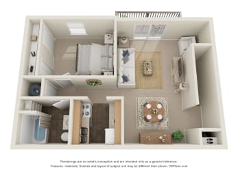 1 Bed 1Bath - 1C  Floor Plan | 665 Sq. Ft. at The Everett  Apartments in Roanoke, VA 24018
