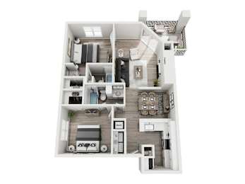 A top down view of a modern apartment layout.