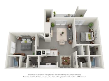 2 bed 2 bath Townsend Floor Plan | 940 Sq. Ft. at Wendover River Oaks Apartments, Greensboro, 27409