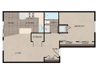 A floor plan of a house with a living room, dining room, kitchen, bathroom, bedroom, storage, and two closets.