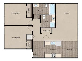 A floor plan of a house with two bedrooms, a storage area, a kitchen, a dining area, a living room, and two bathrooms.
