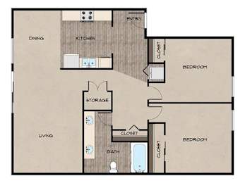 A floor plan of a house with a dining room, kitchen, living room, two bedrooms, a bathroom, and storage.