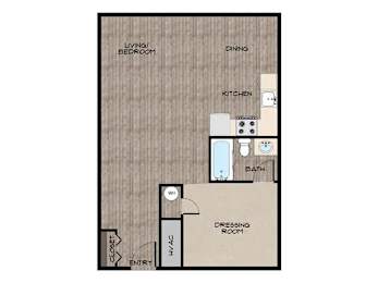 A floor plan of a small apartment with a living room, dining room, kitchen, bathroom, and dressing room.