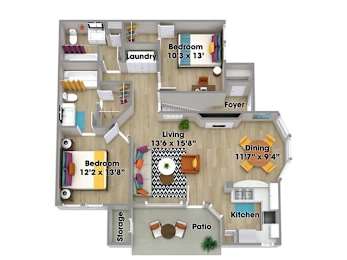 A floor plan of a two-bedroom apartment with a living room, dining room, kitchen, and laundry area.