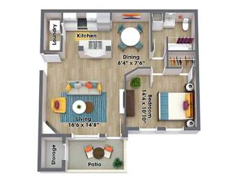 A floor plan of a small apartment with a living room, kitchen, dining room, bedroom, and storage area.