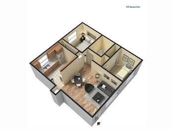 A 3D floor plan of a 875 square foot home.