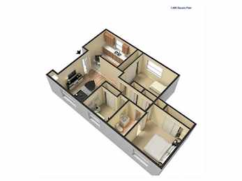 A 1,000 square foot floor plan of a house with a kitchen, living room, and two bedrooms.