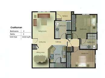 A floor plan of a craftsman style home with 2 bedrooms and 2 baths.