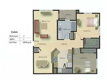 A floor plan of a cabin with two bedrooms, one bathroom, a living room, dining area, kitchen, and a hallway.